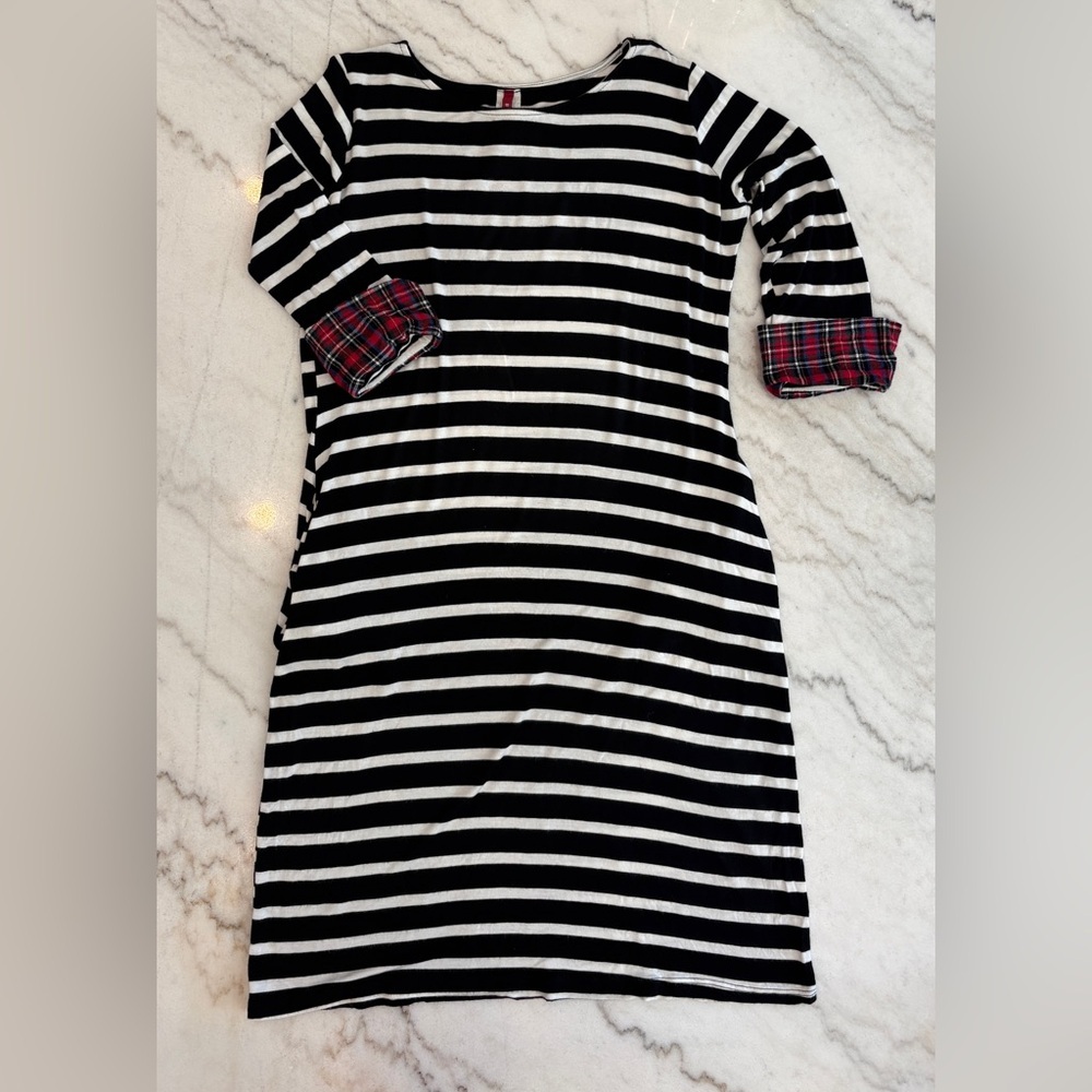 3/$15 Bellamie Black and White Striped Dress with Plaid Accents